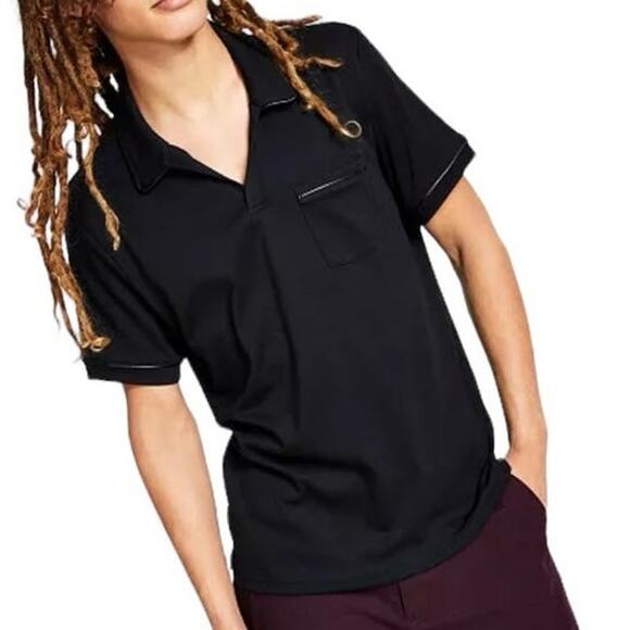 INC INTERNATIONAL CONCEPTS NWT Men's Faux Leather Trim Polo Shirt Black Medium - Picture 2 of 6